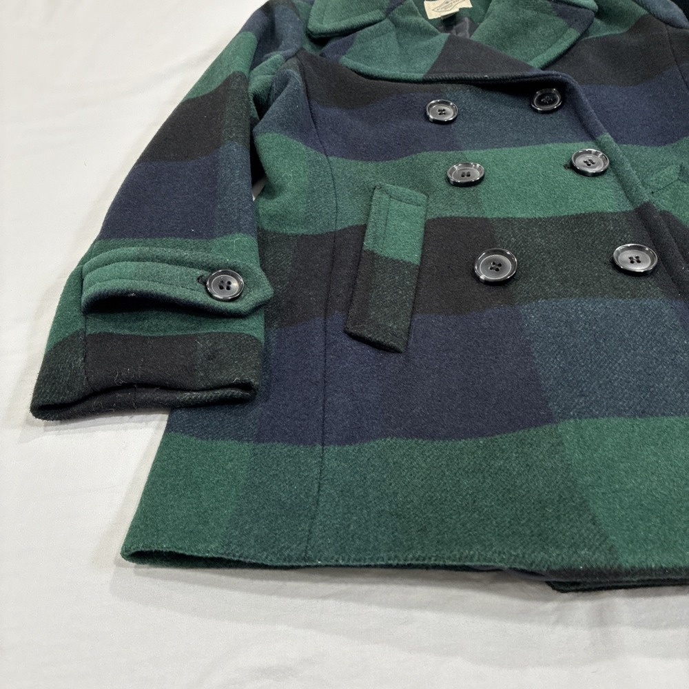 St. John's Bay Plaid Peacoat Wool Blend Jacket Size S Green Navy Double Breasted - Picture 2 of 8